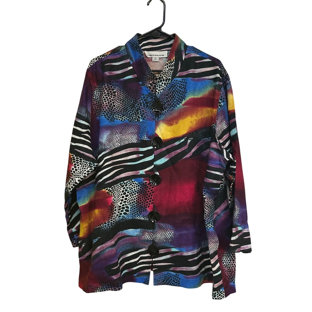 Caroline Rose 2X Linen Jacket Abstract Animal Print Safari Sunset Button Front